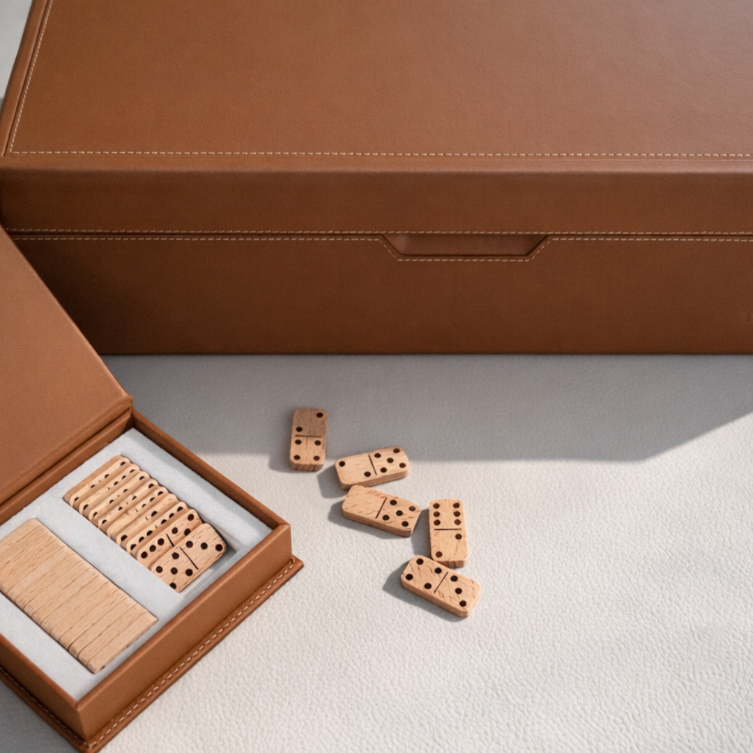 Premium brown leather domino presentation case with wooden dominoes