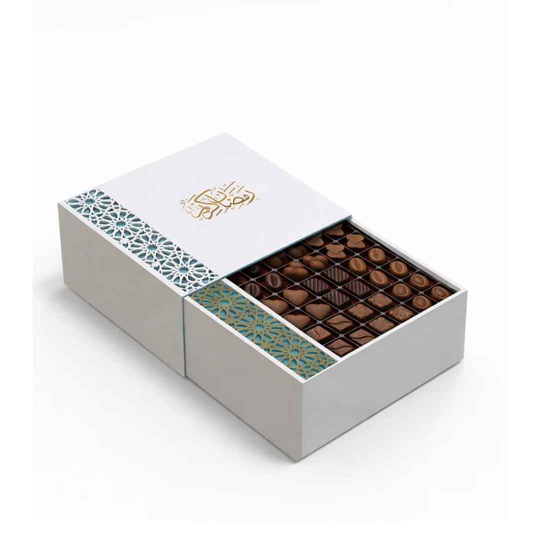 White Ramadan box opened to reveal a collection of chocolates