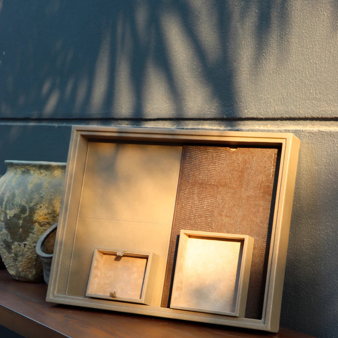 Premium beige executive desk accessories in a coordinated display