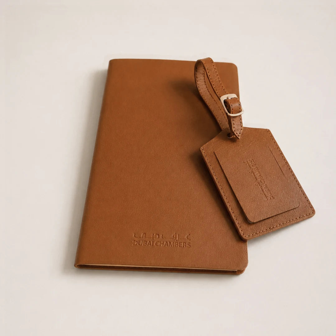 Tan leather notebook and matching luggage tag gift
